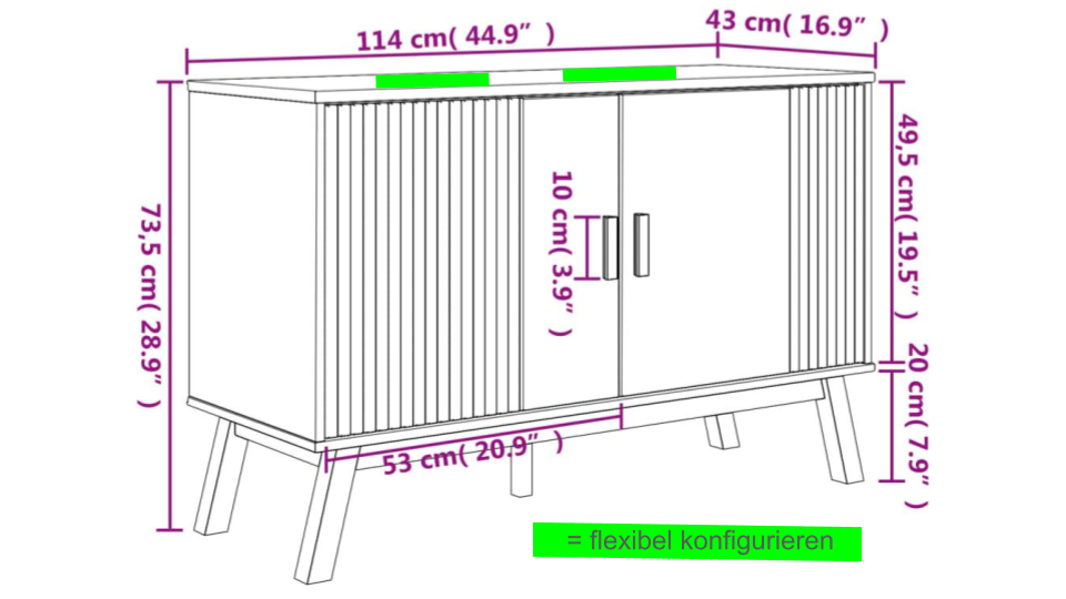 Detailzeichnung des Badunterschrank Oslo aus Massivholz mit Abmessungen in Centimeter